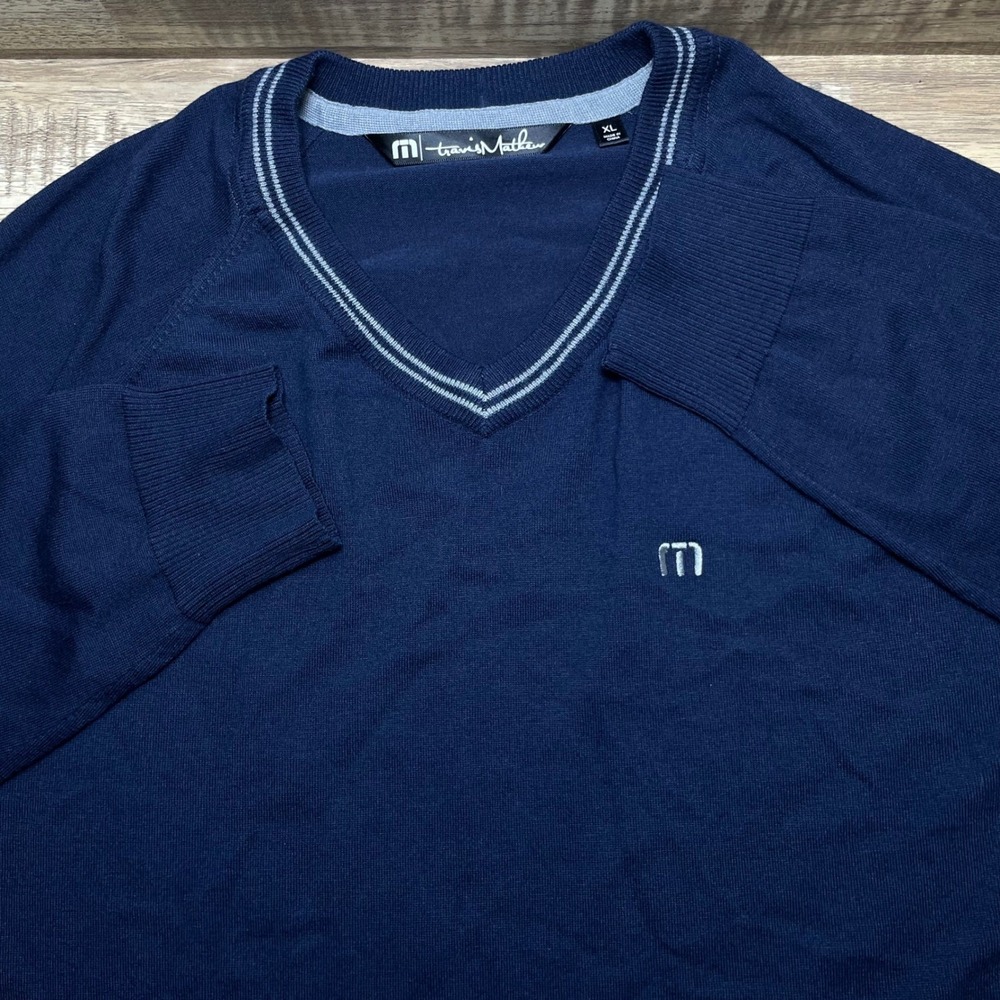 Travis Mathew V Neck Long Sleeve Wool Sweater Navy Blue Golf‎ Casual Mens XL